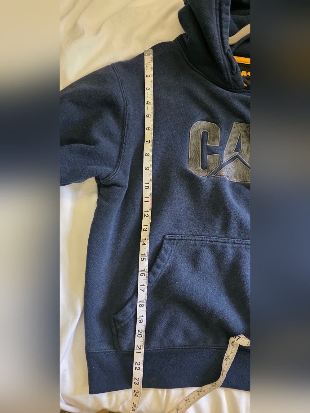 CAT Caterpillar Hoodie Navy Logo Pullover Sweatshirt Workwear Heavyweight Mens M - Picture 13 of 13